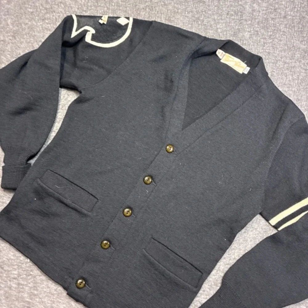Shannon and Johnson Cardigan Sweater Mens 36 Black Vintage Letterman‎ Wool 70s